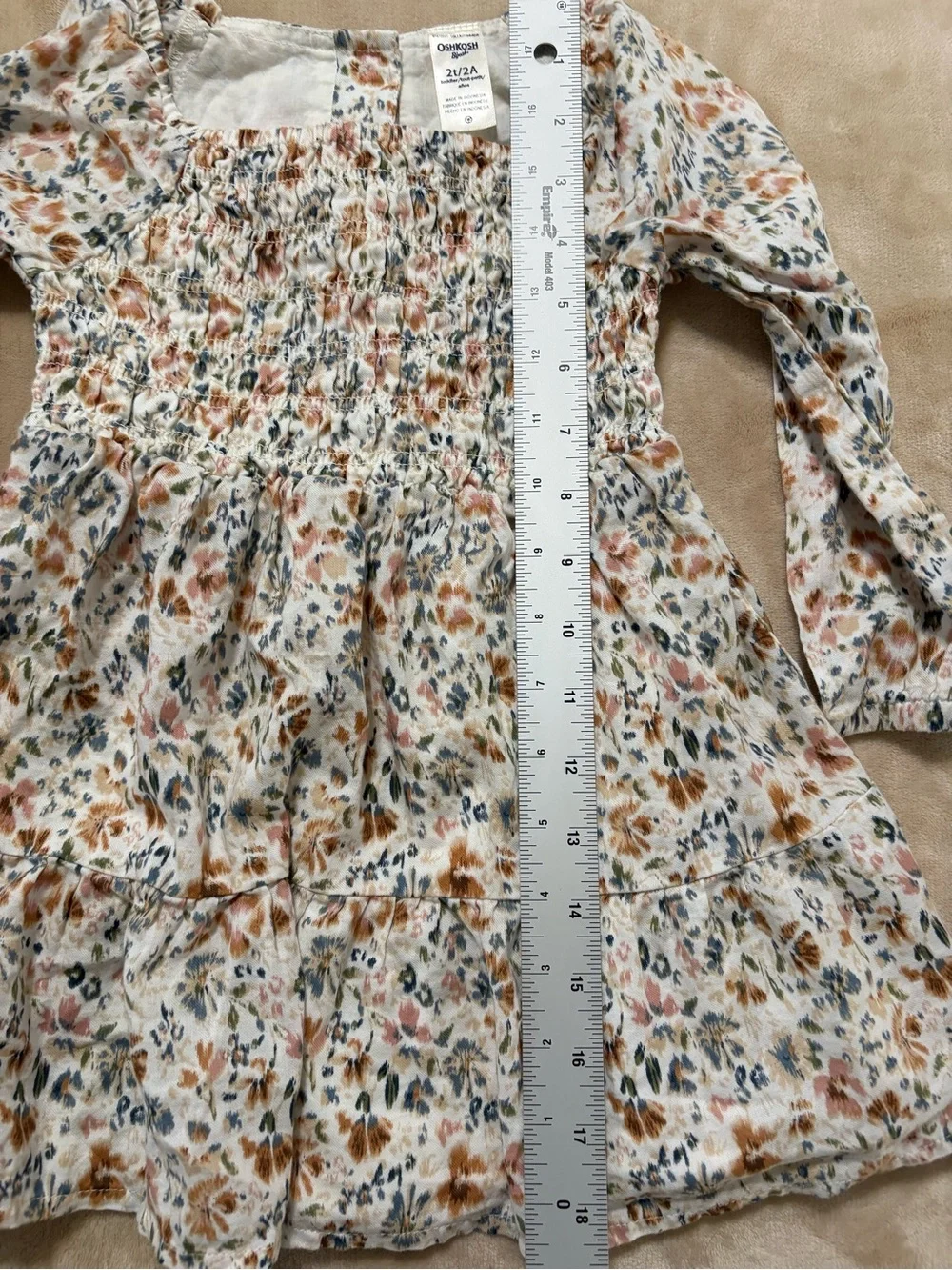 OshKosh B'gosh Cream Floral Smocked Long Sleeve Dress with Pink and Rust Accents